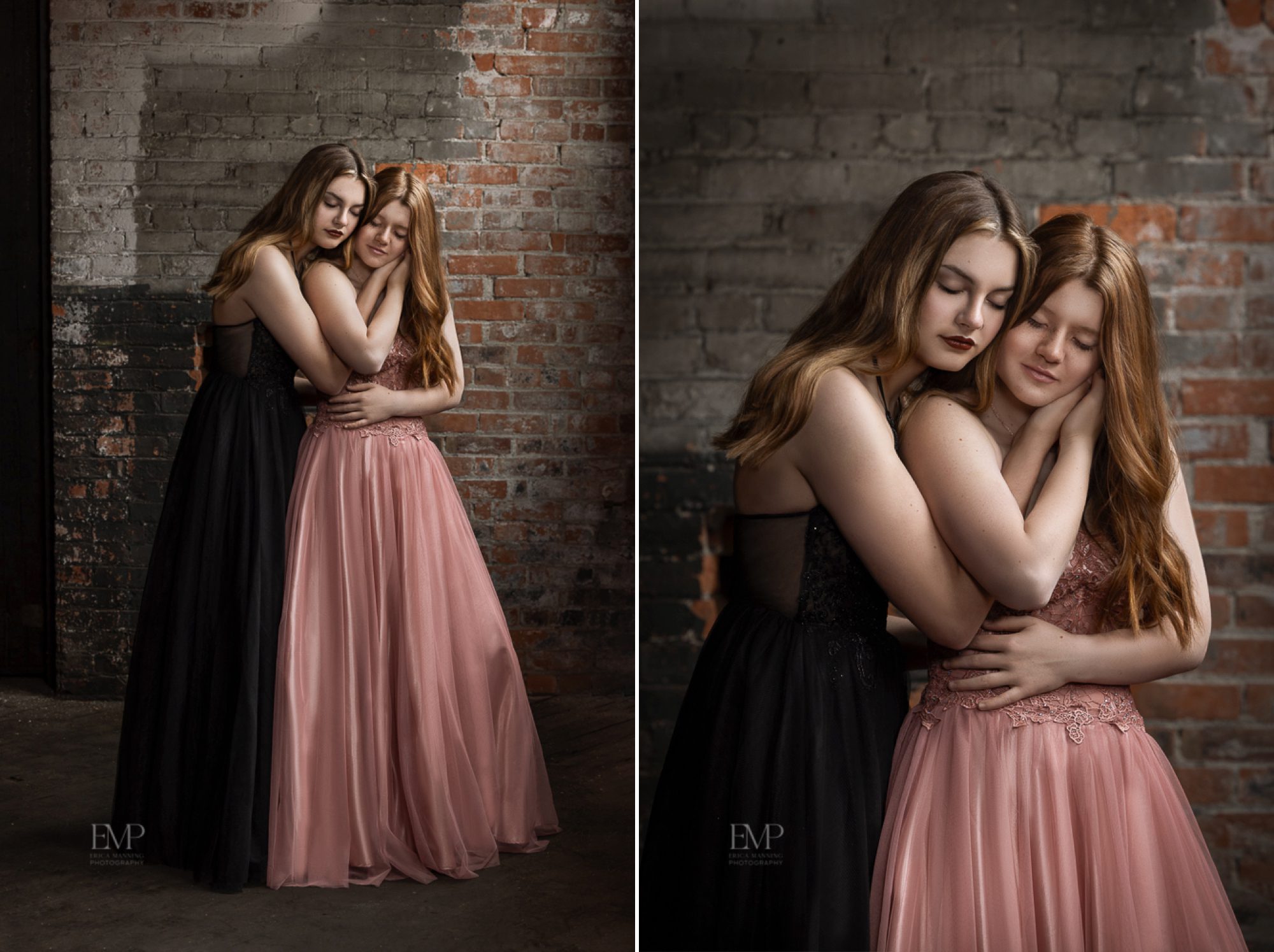 Senior girls best friends in prom dresses in warehouse