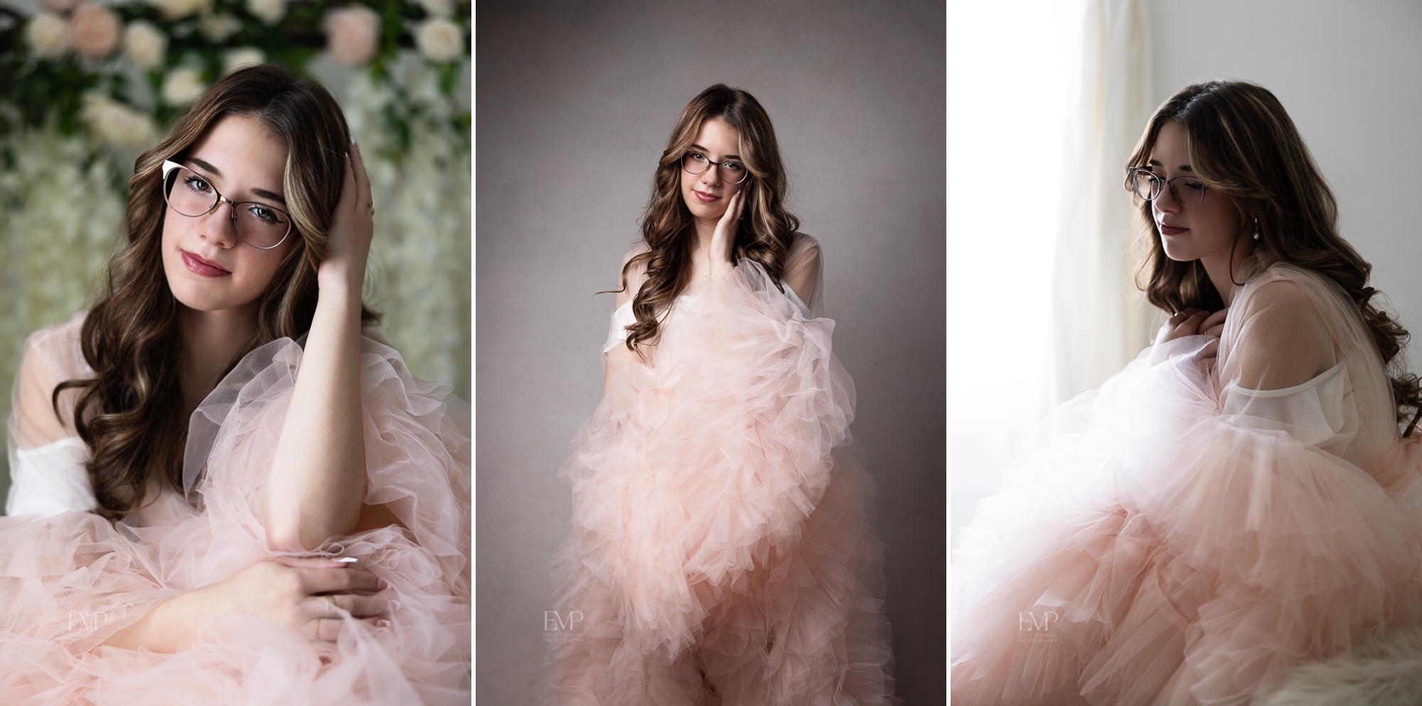 High school senior girl in pink frilly gown