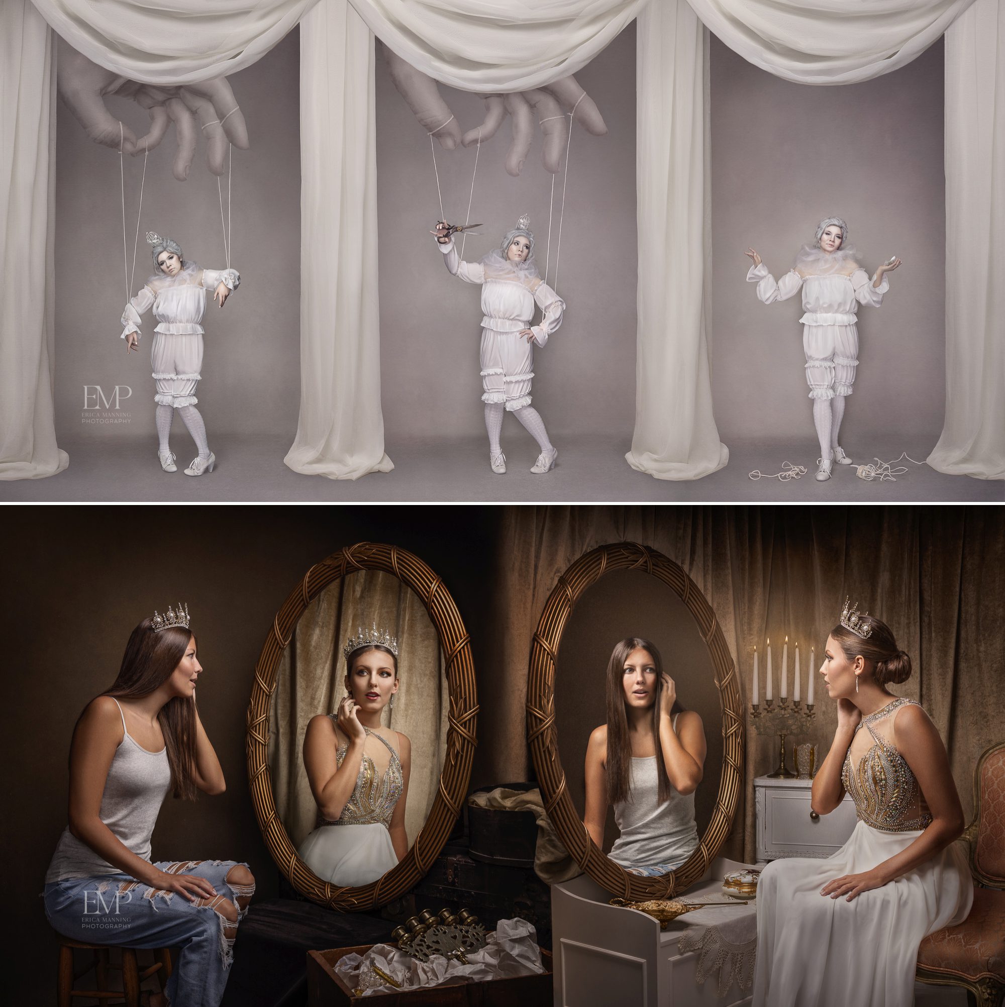 Teen Model Team Seniors in Creative Portraits Marionette and Mirror Mirror