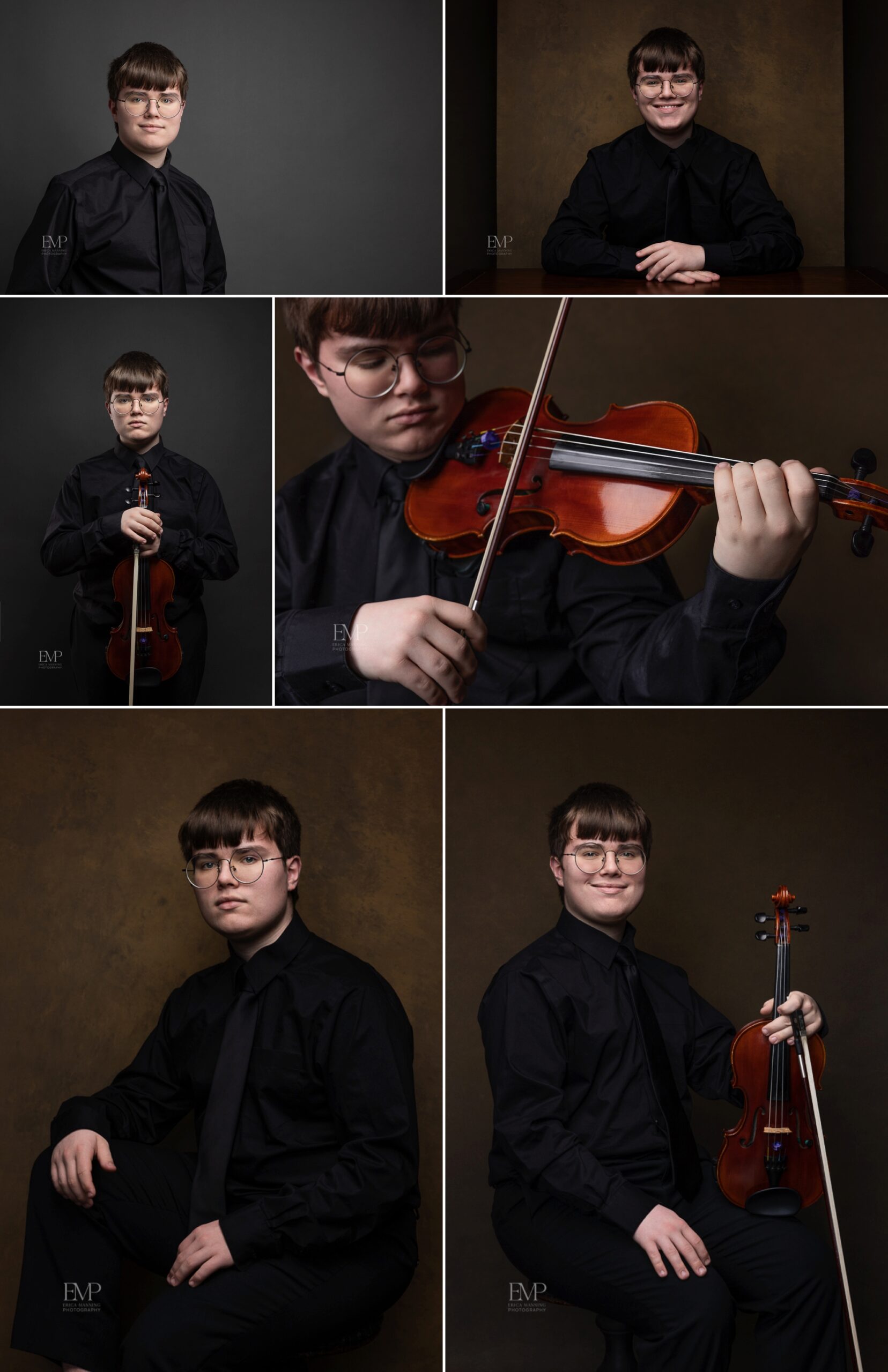High school senior guy violin player studio portrait