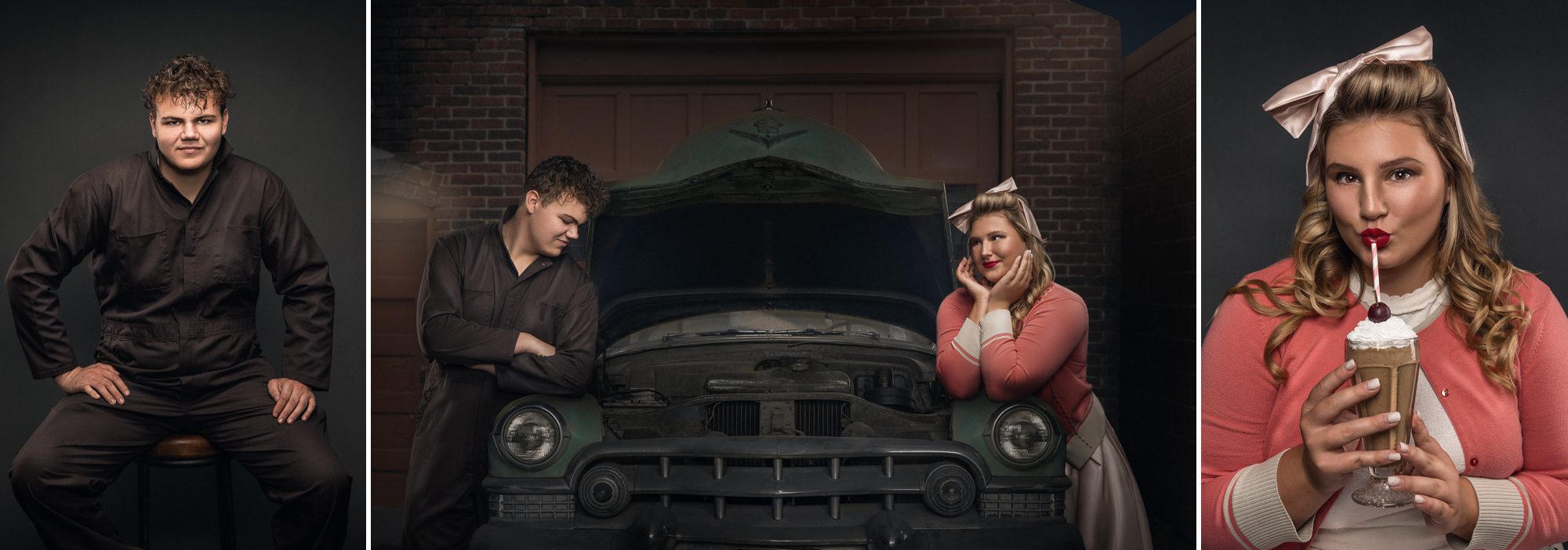 1950s girl and boy with car creative portrait