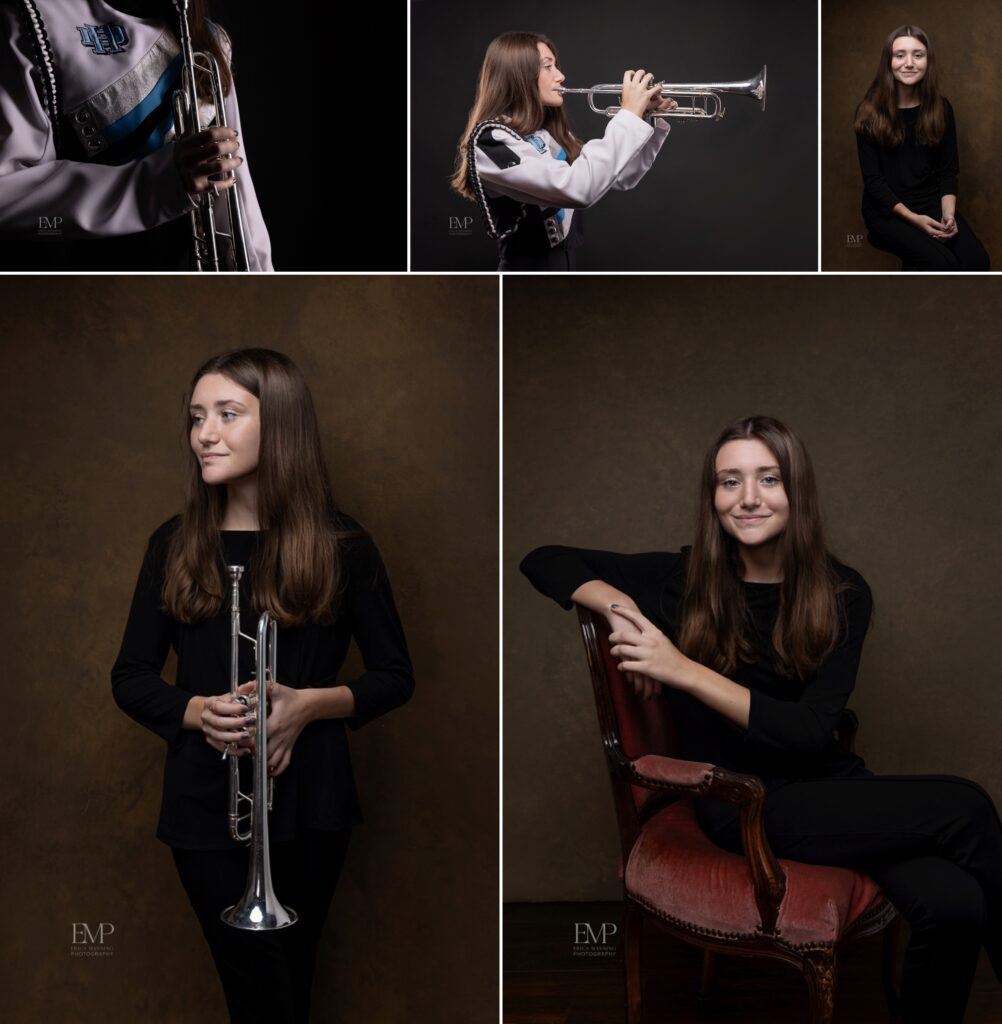 High school senior girl musician in studio with trumpet 