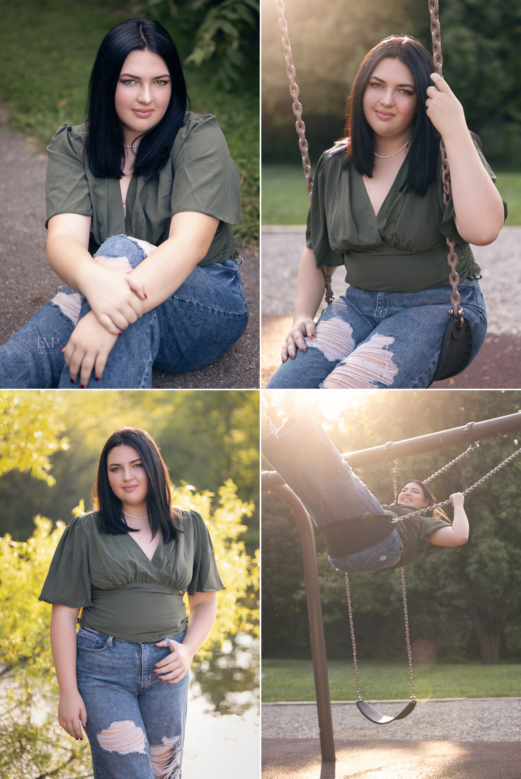 High school senior girl in park senior photos on swing golden hour