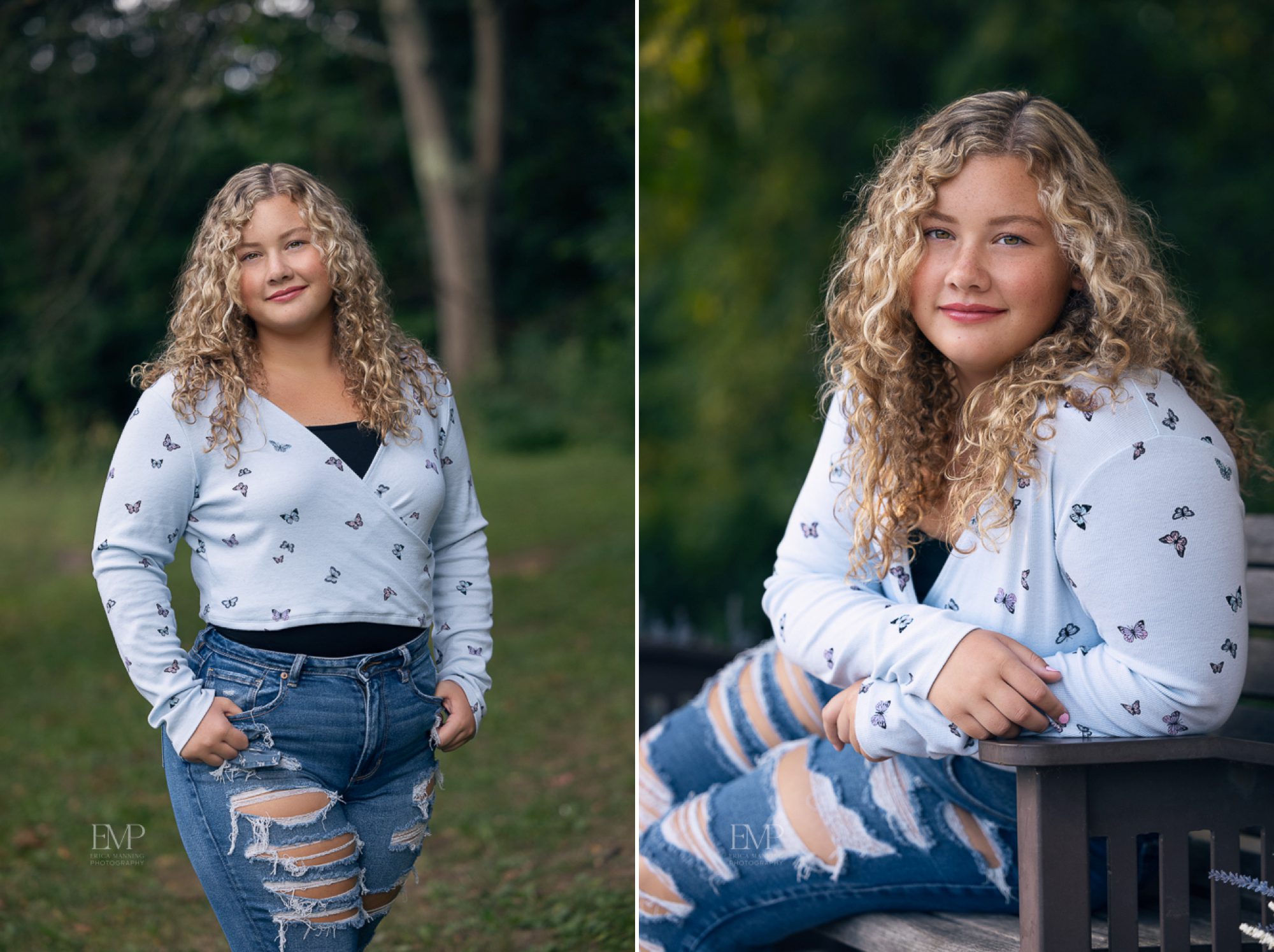 High school senior girl with curly hair in casual blue outfit in park setting