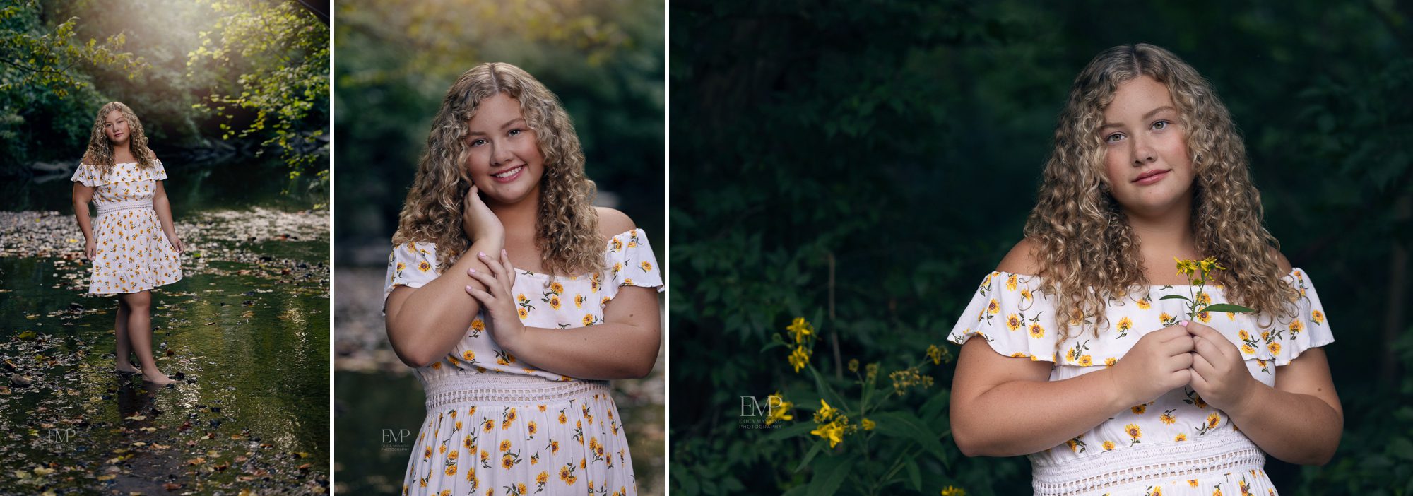 High school senior girl with curly hair in yellow flower dress wading in creek