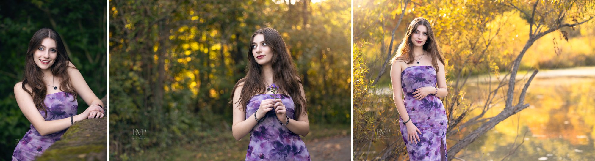 High school senior girl in purple dress in park during golden hour