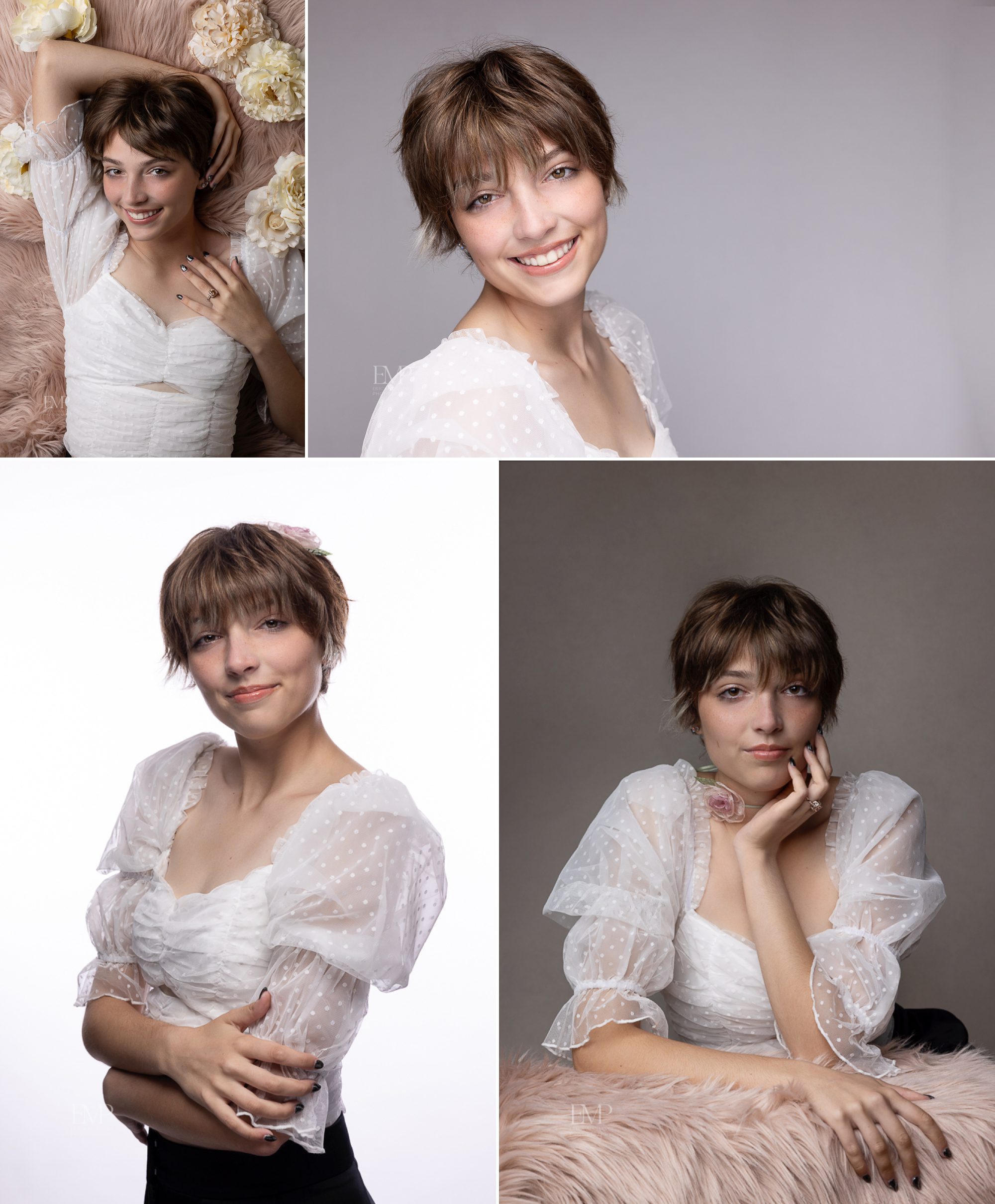 High school senior girl with pixie haricut and white blouse studio photos.