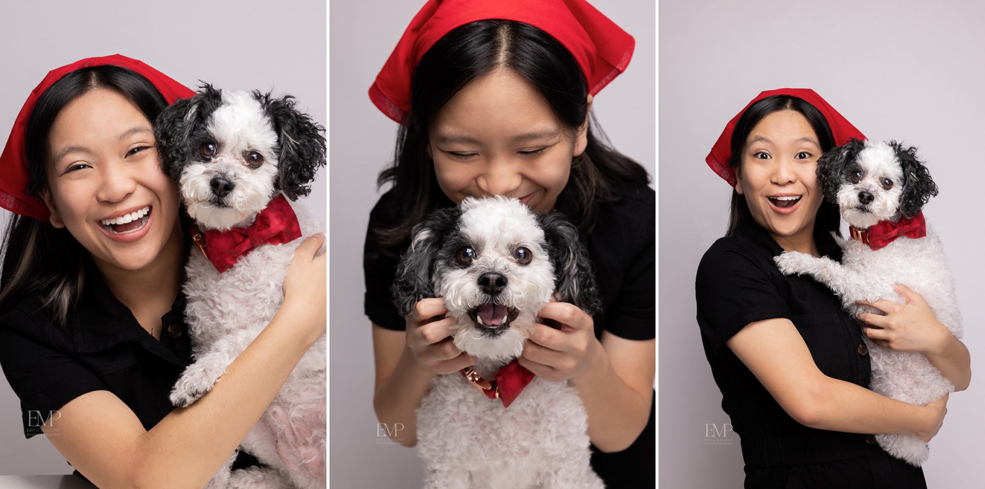 Adoarable high school senior girl with poodle in studio.