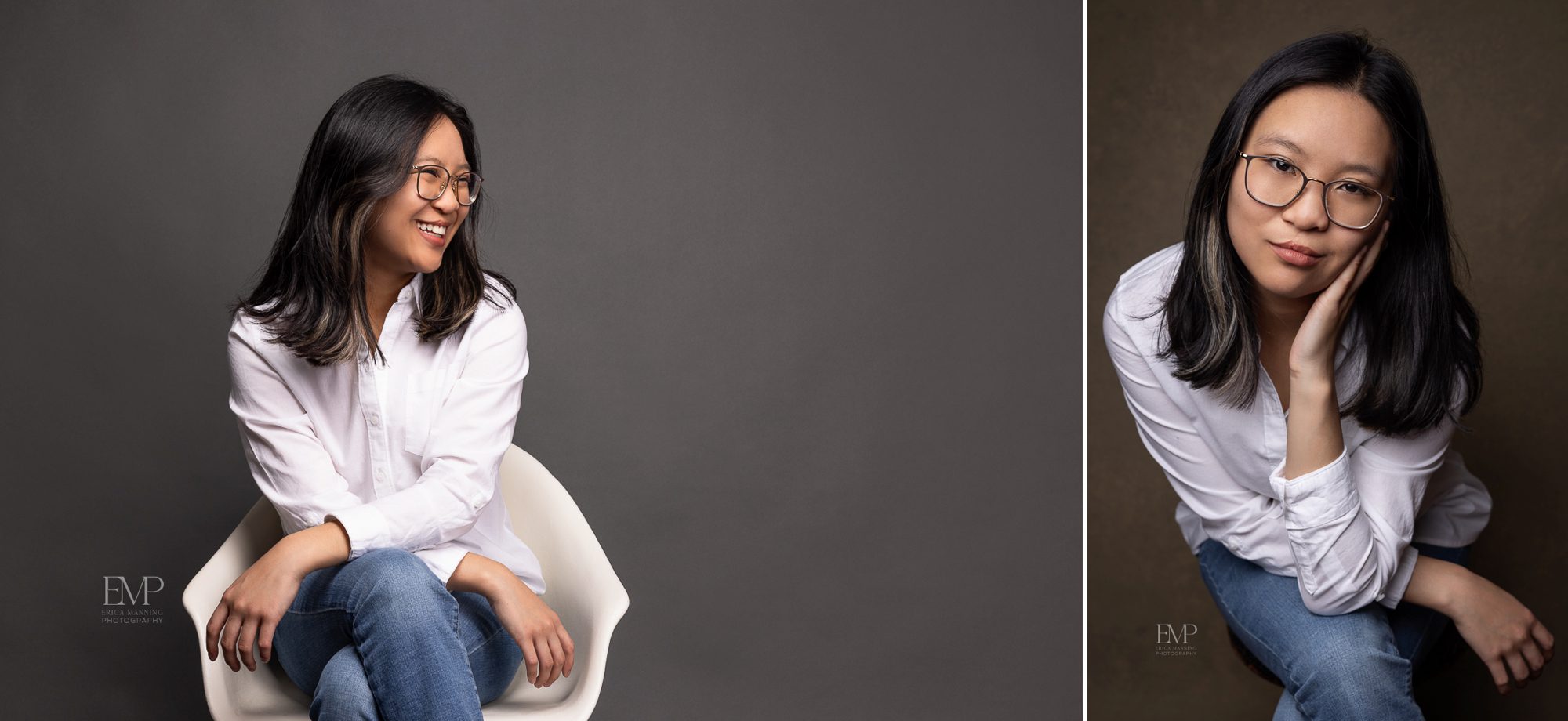 High school senior girl in simple white button down and jeans in studio