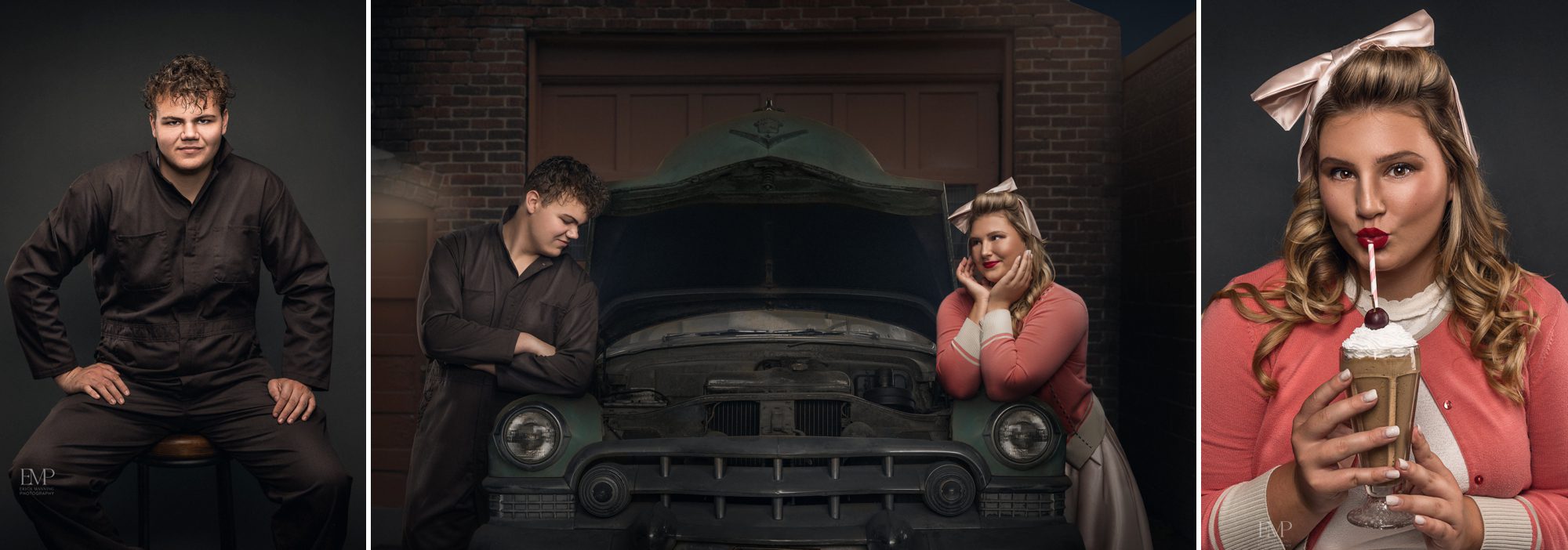 Fifties scene with girl and boy with vintage car