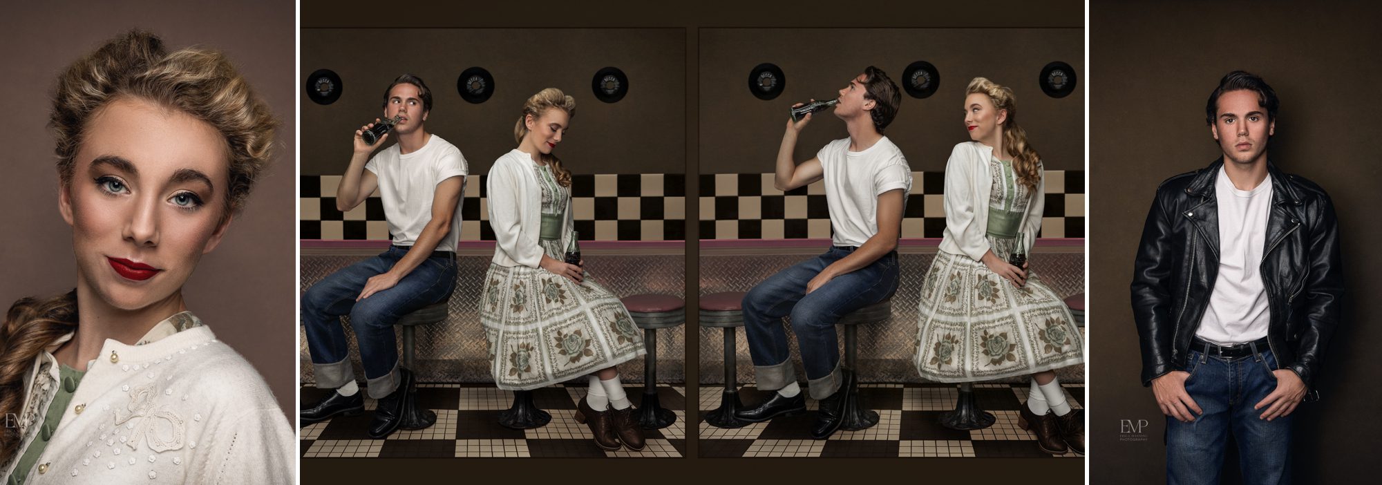 Vintage fifties scene with boy and girl  at diner