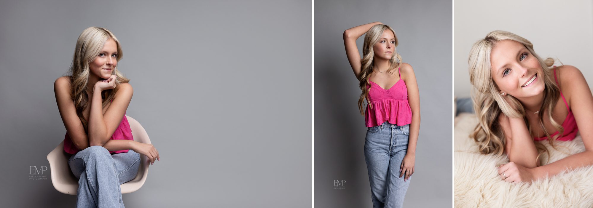 High school senior girl in pink top and blue jeans studio photos