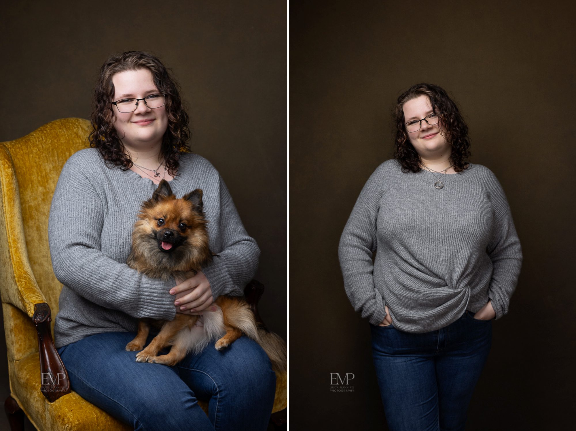 Studio portrait of high school senior girl and her dog
