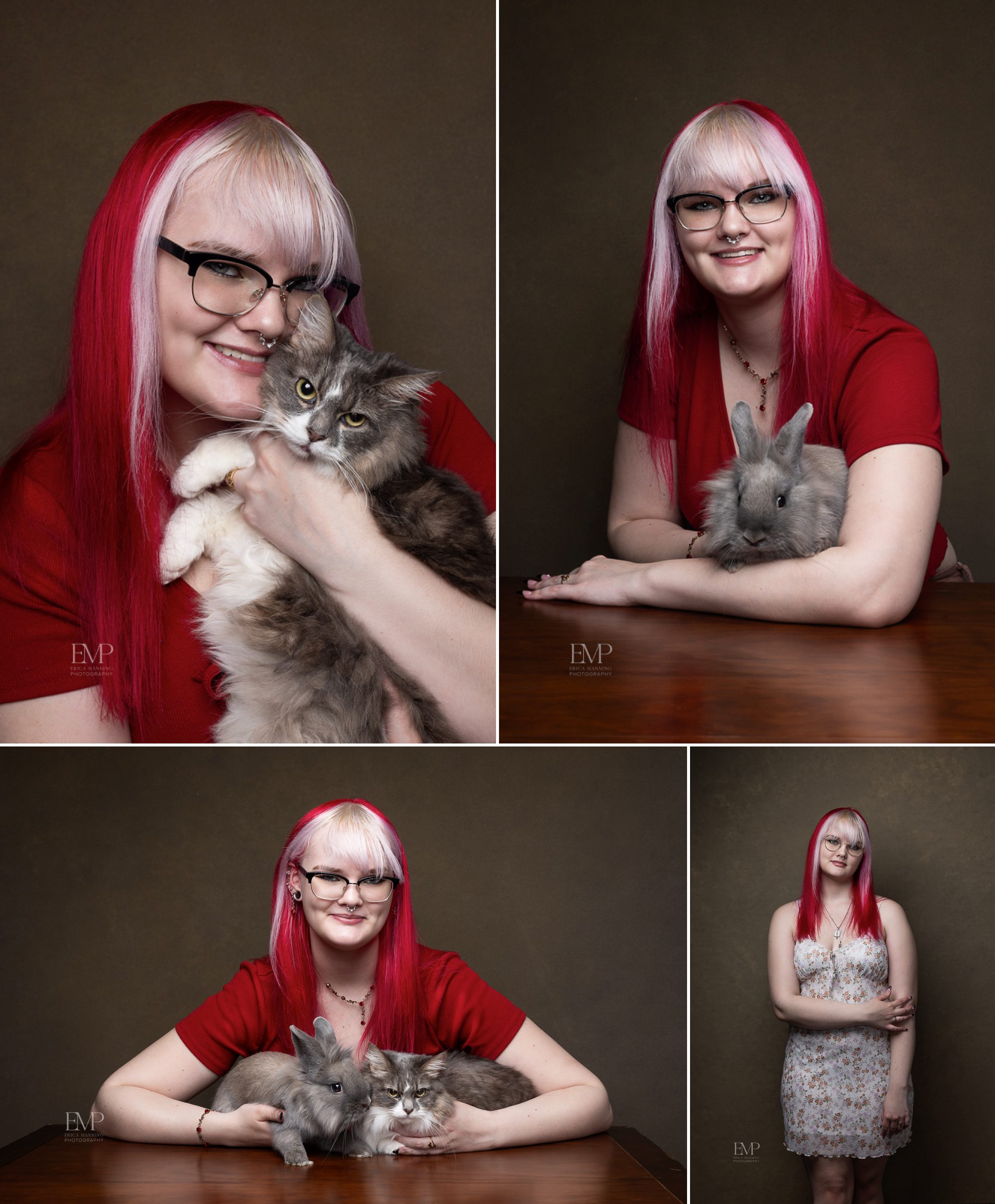 High school senior girl with pet cat and rabbit in studio portraits