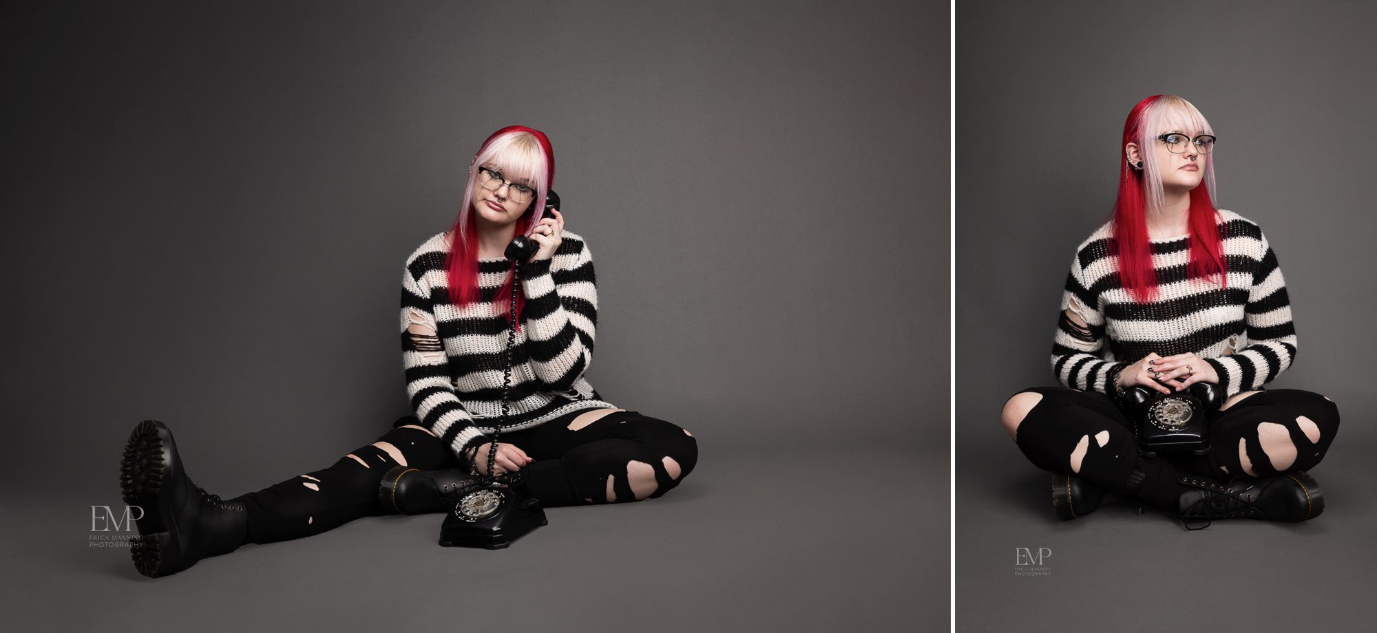 High school senior girl emo with red hair portraits with vintage rotary phone