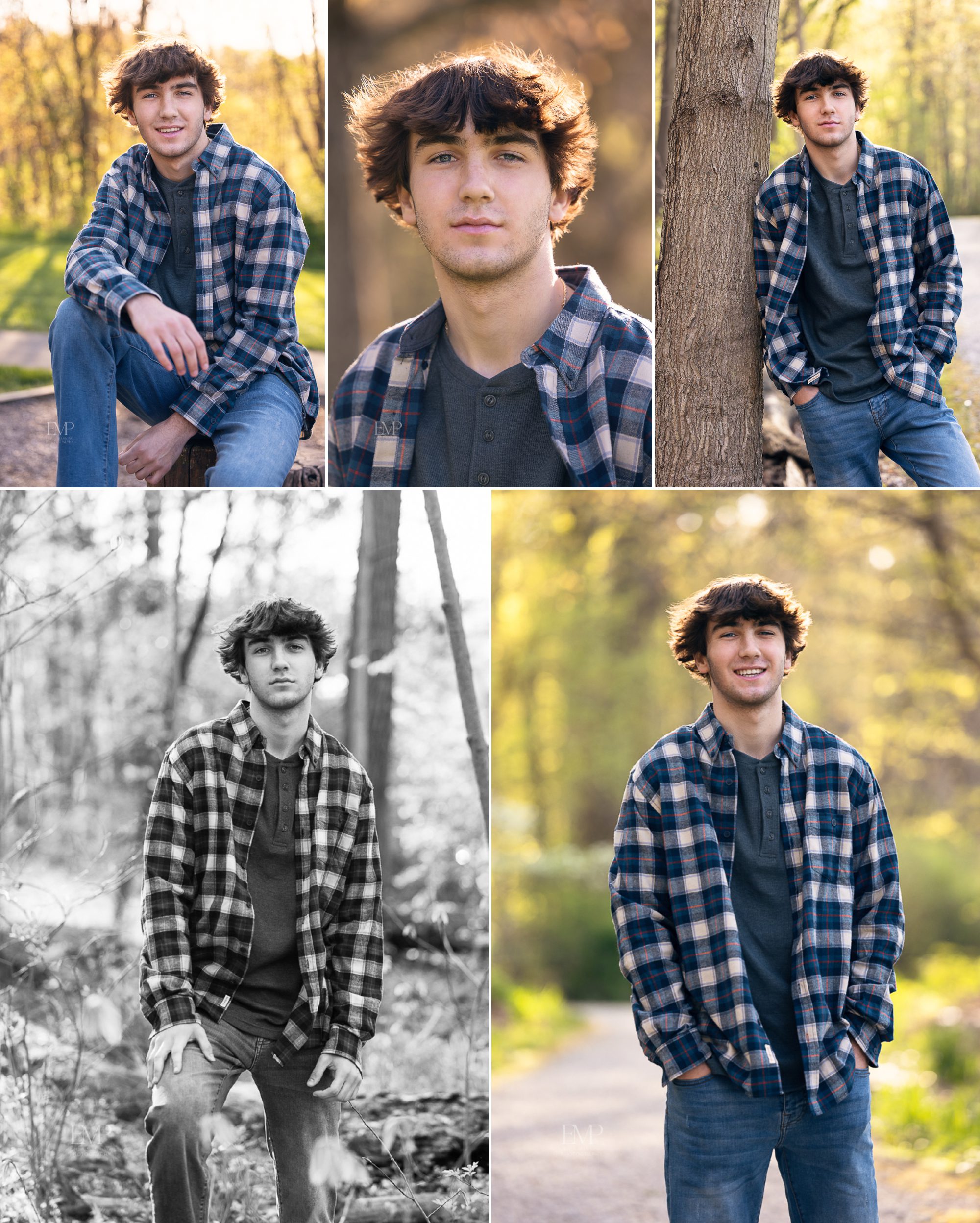 High school senior guy portraits in woods