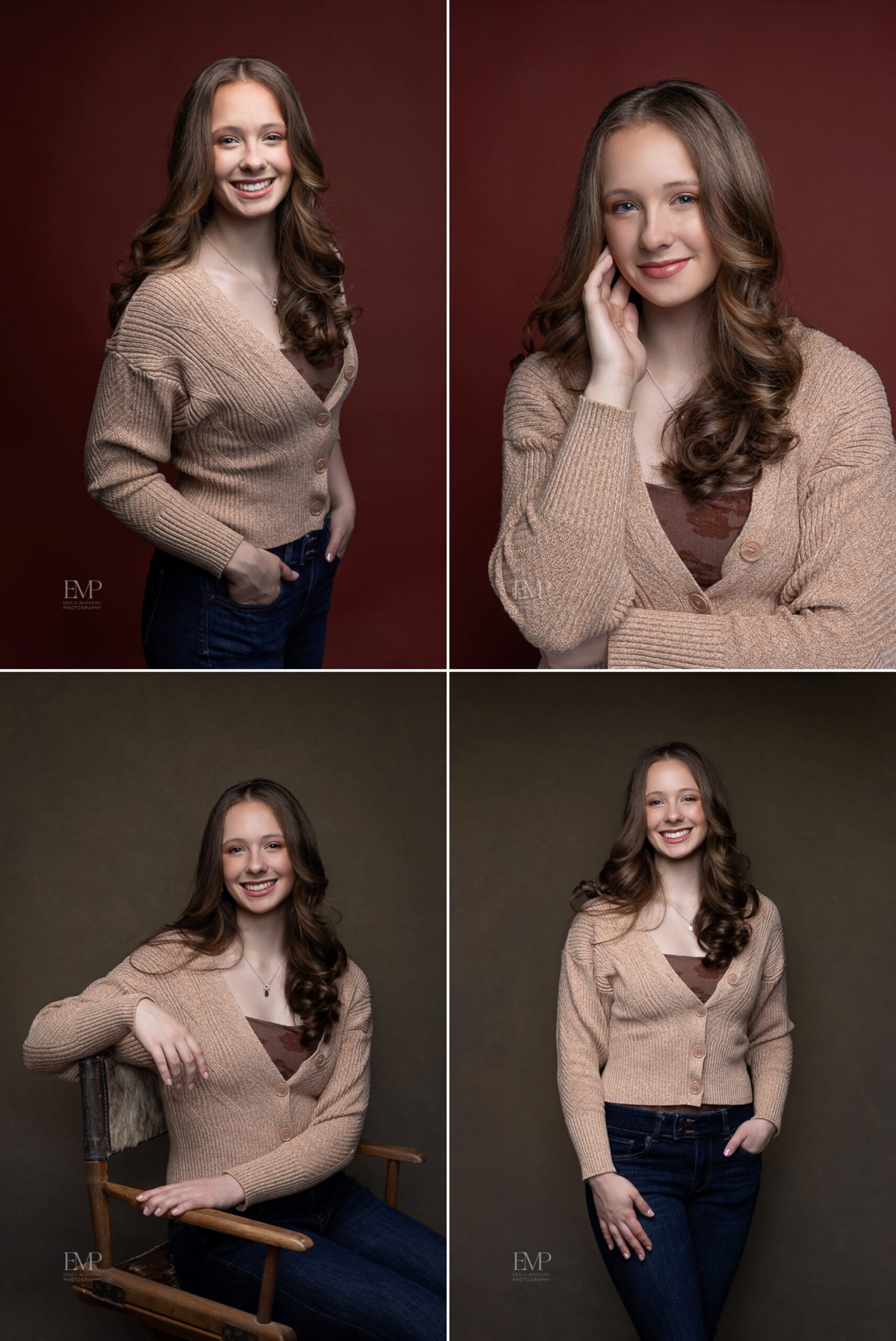 High school senior giri in jeans and tan cardigan casual studio photos