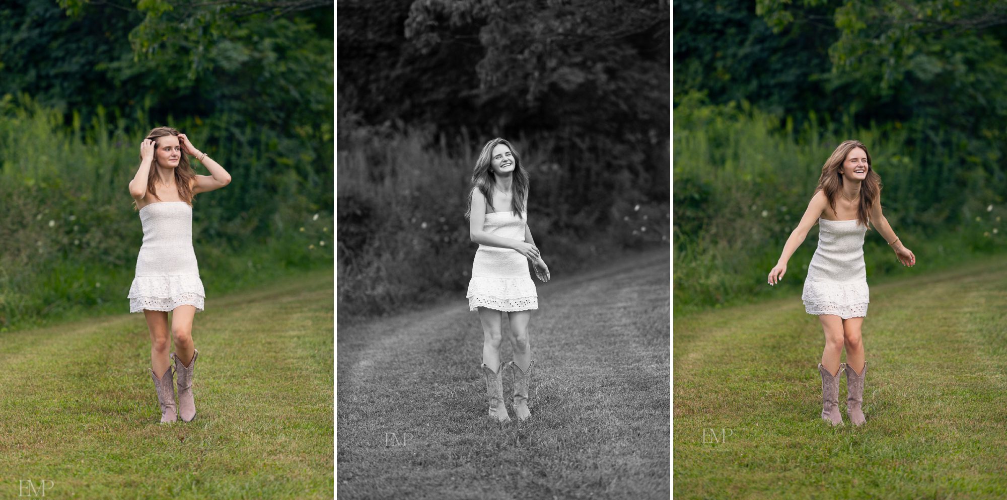 High school senior girl walking and lauging in park