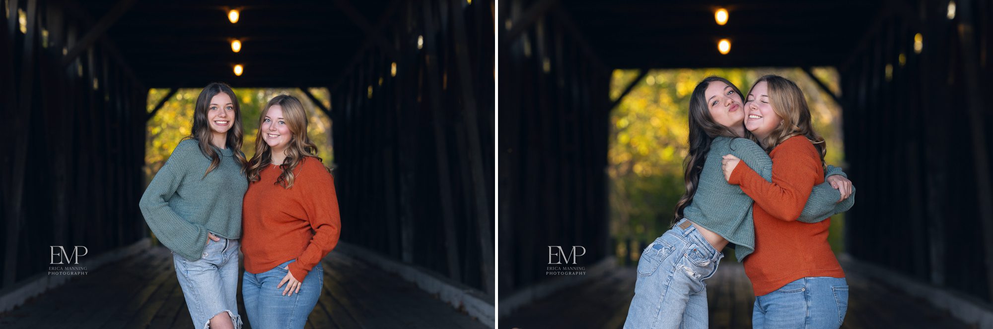 High school senior girl with sister on covered bridge