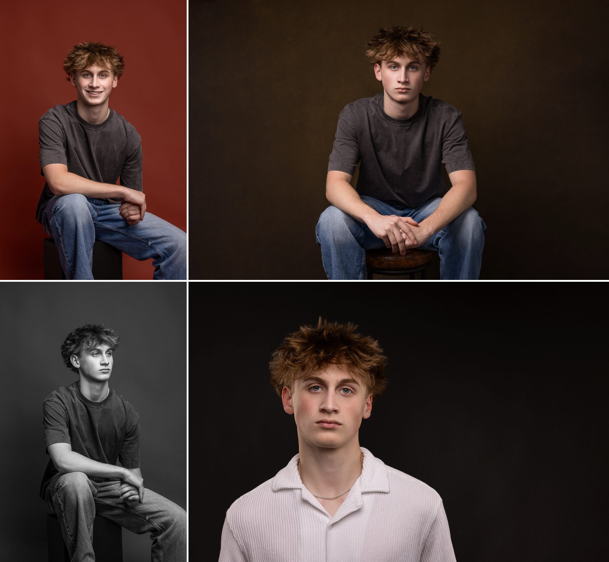 High school senior guy in studio portraits.