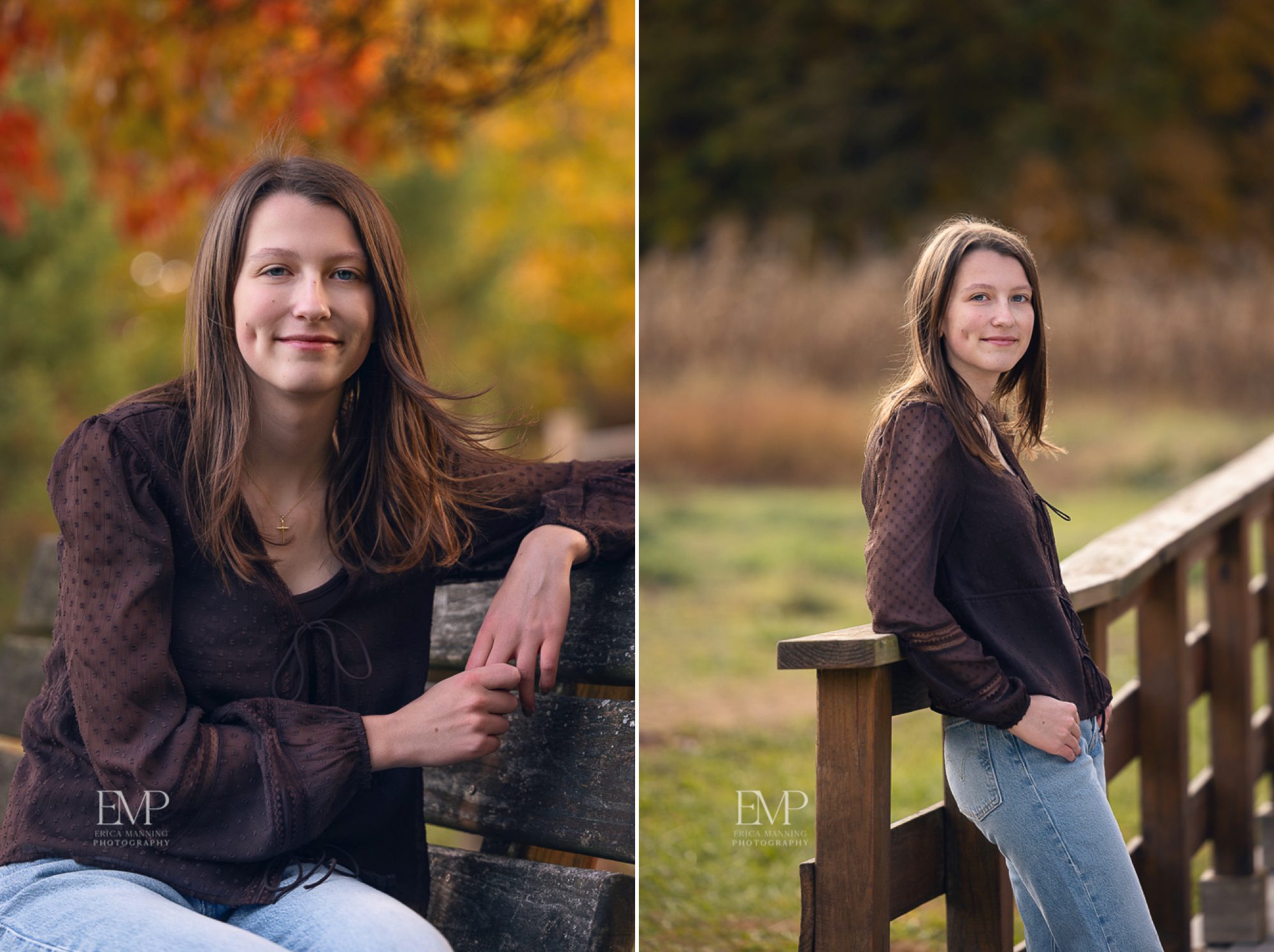 High school senior girl in brown top on Fall day