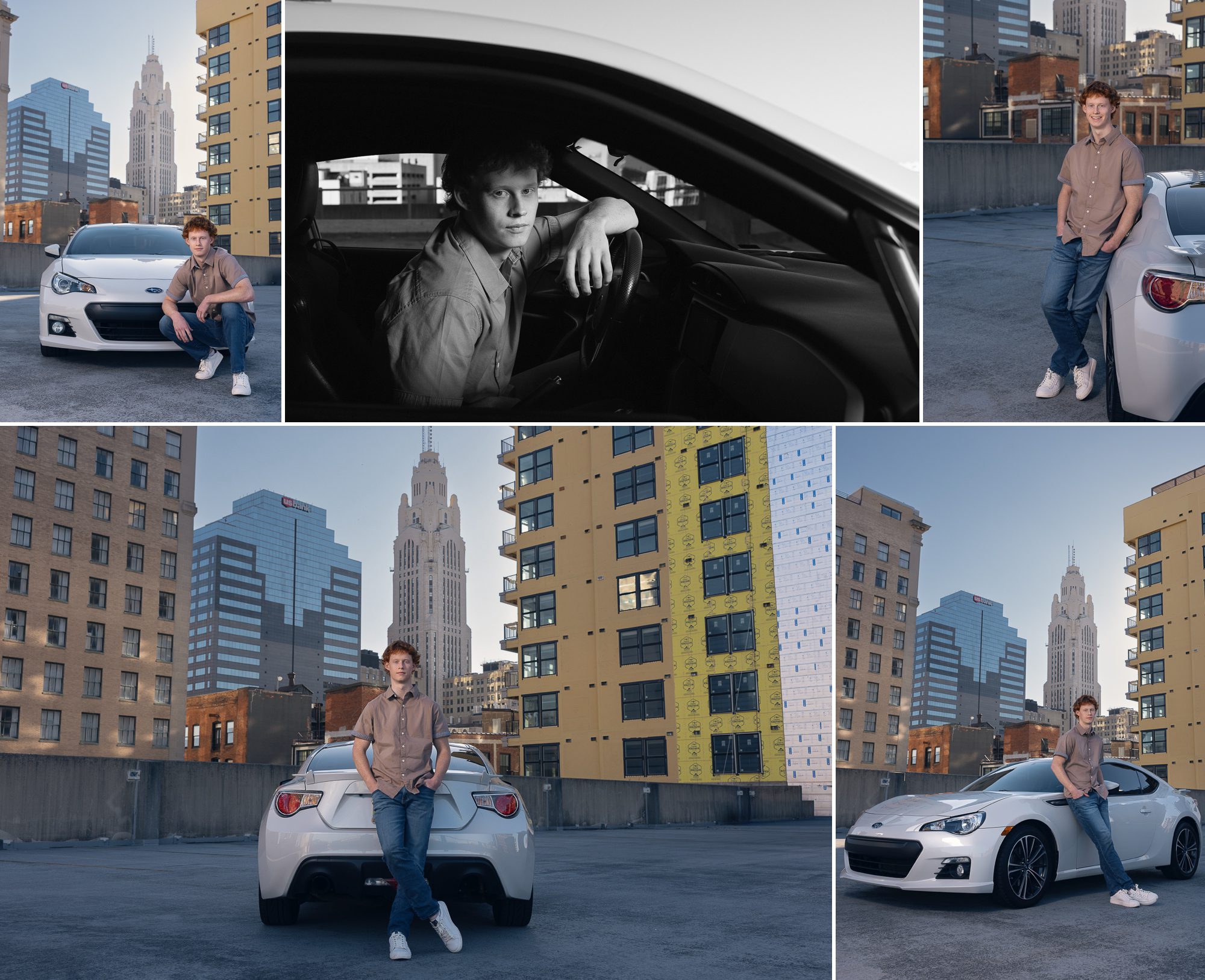 High school senior guy with his car with cityscape behind him