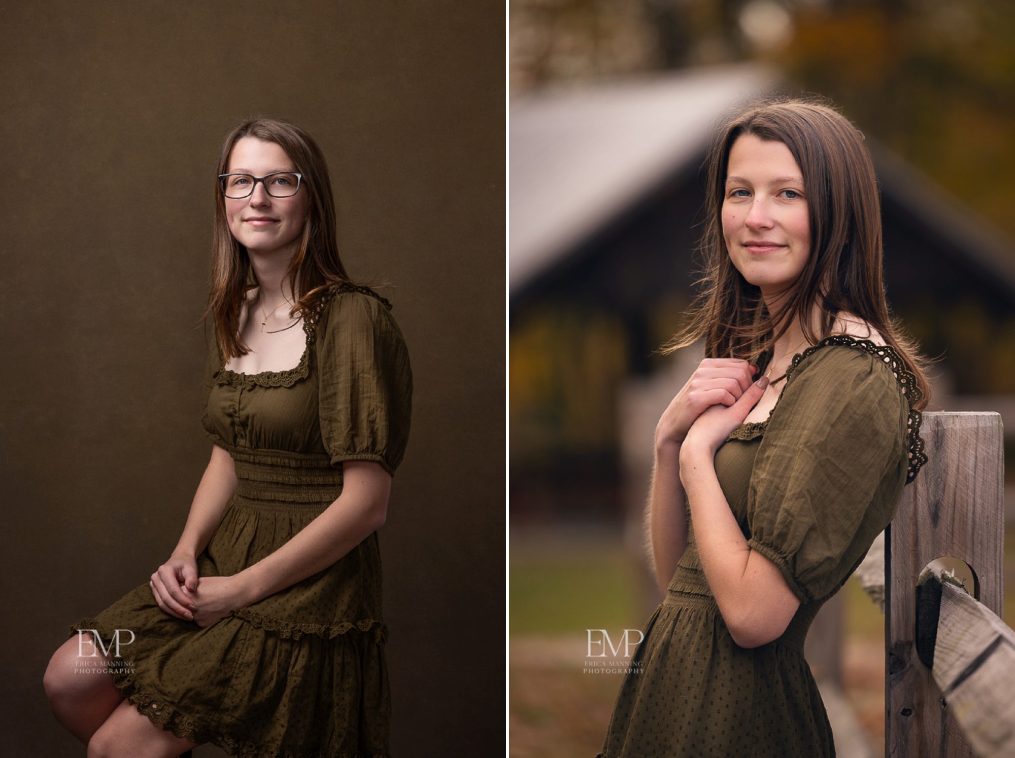 High school senior girl wearing olive colored dress in studio and outdoor portraits