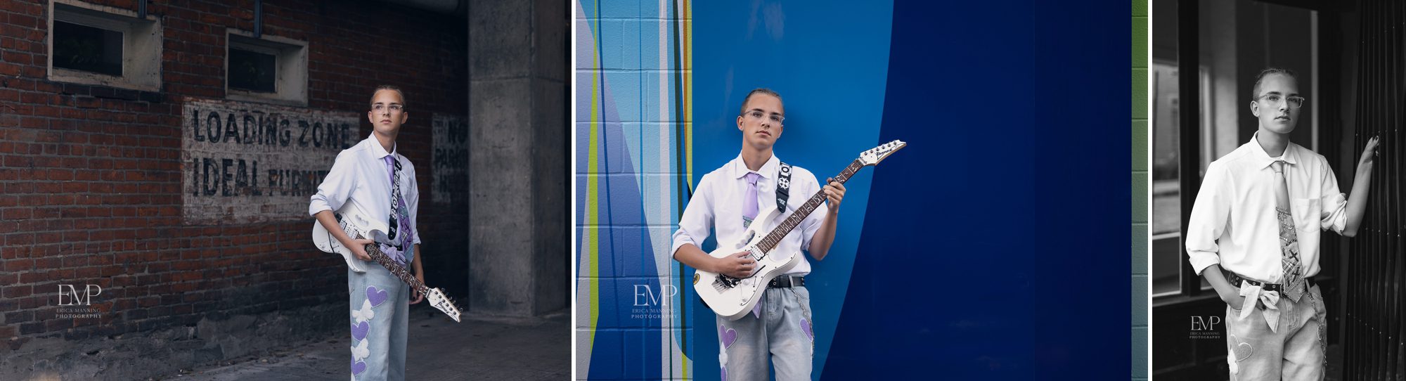 High school senior guy with guitar in urban setting