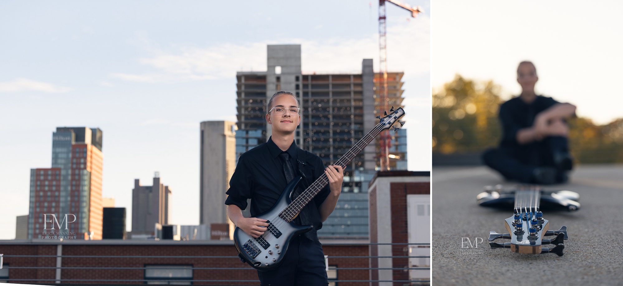 High school senior guy with guitar in urban parkign garage rooftop setting