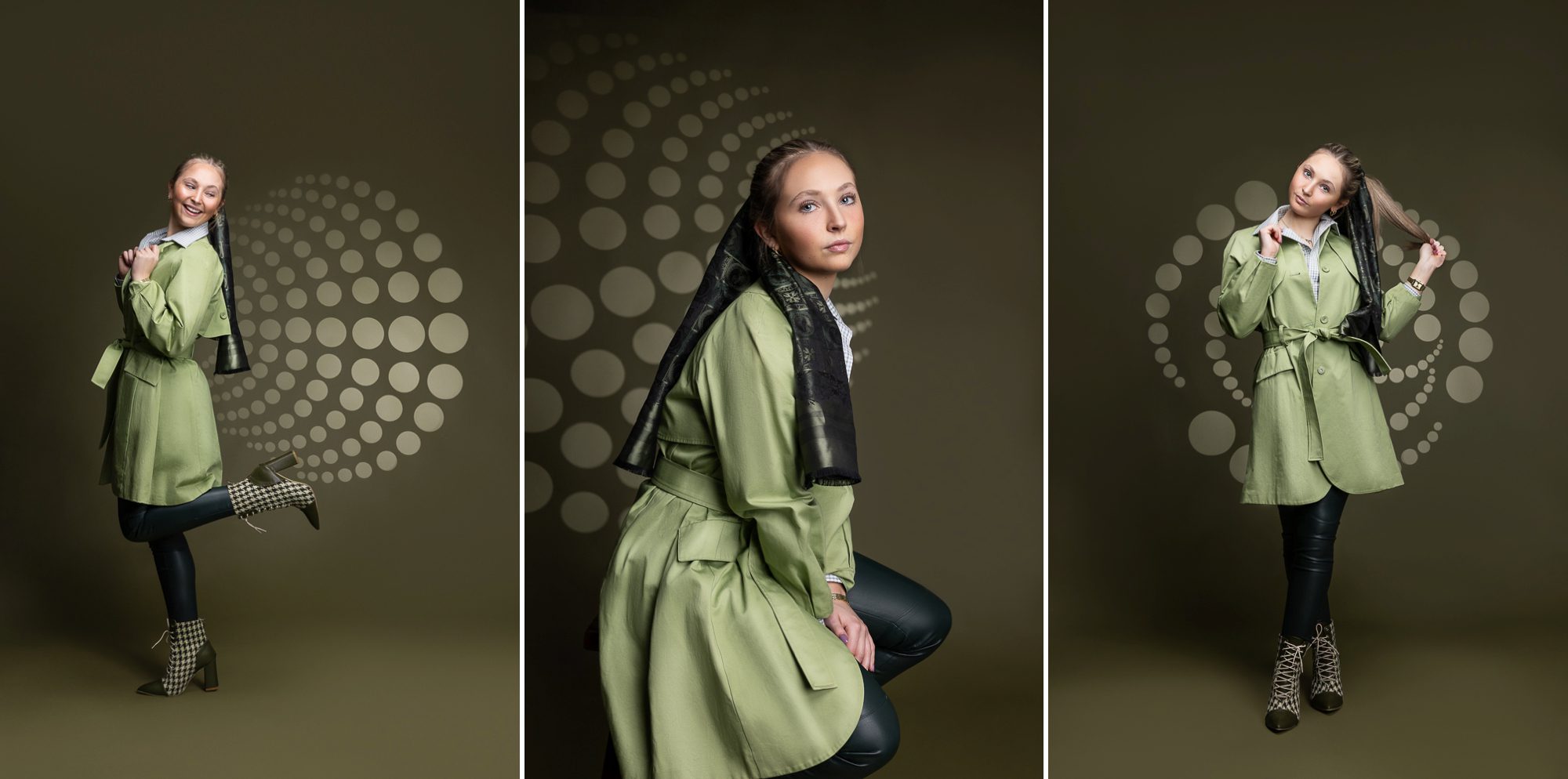 High school senior girl in green outfit with green circle graphic behind her