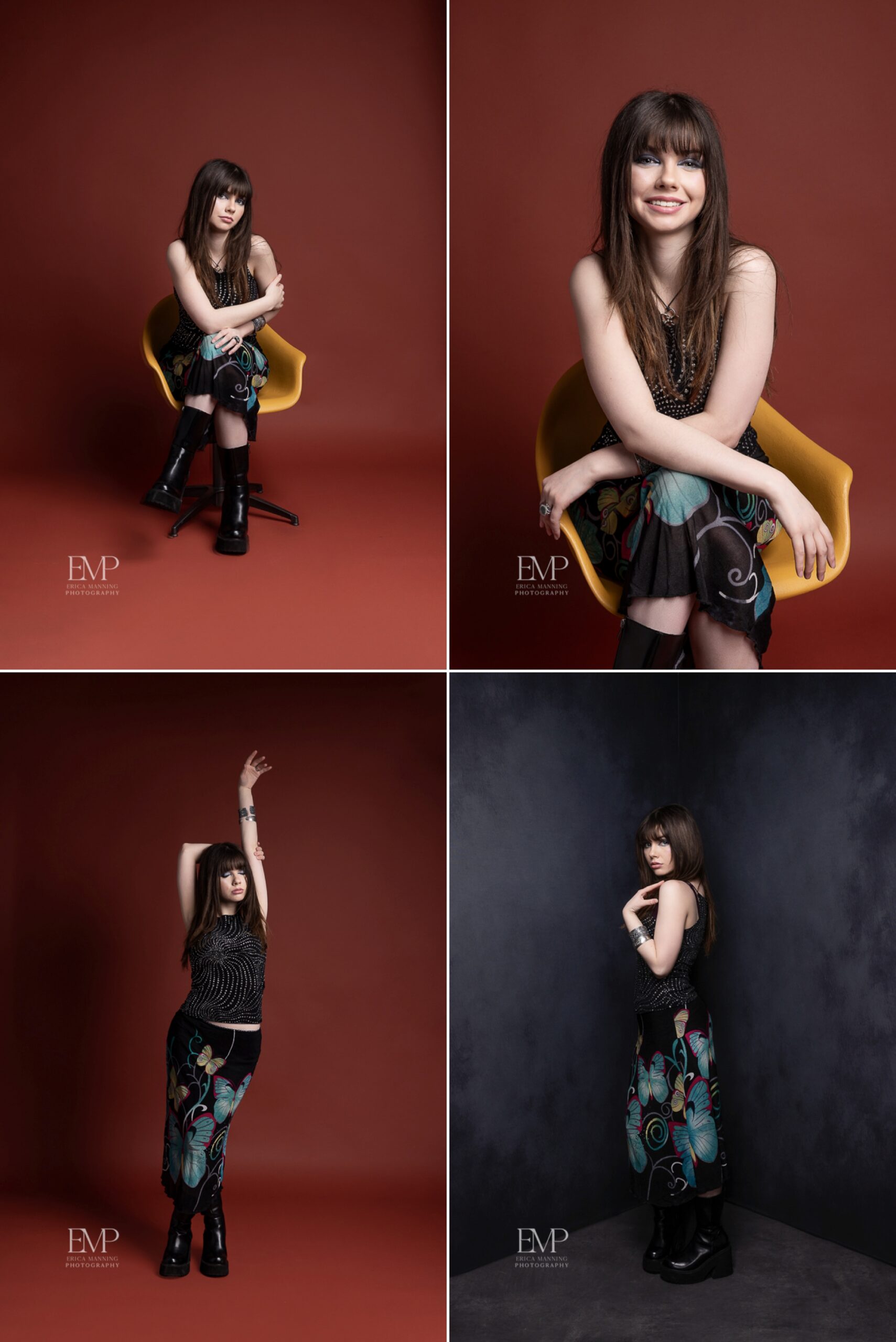 High school senior girl with colorful skirt in studio portraits