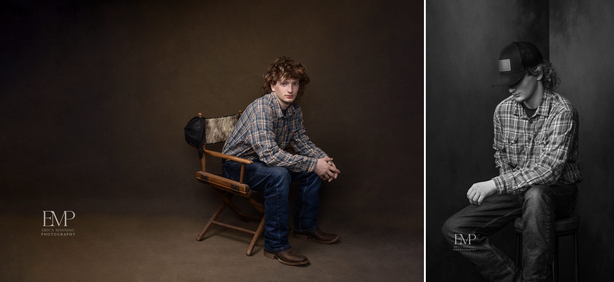 High school senior guy dressed casually in folding chair studio portraits