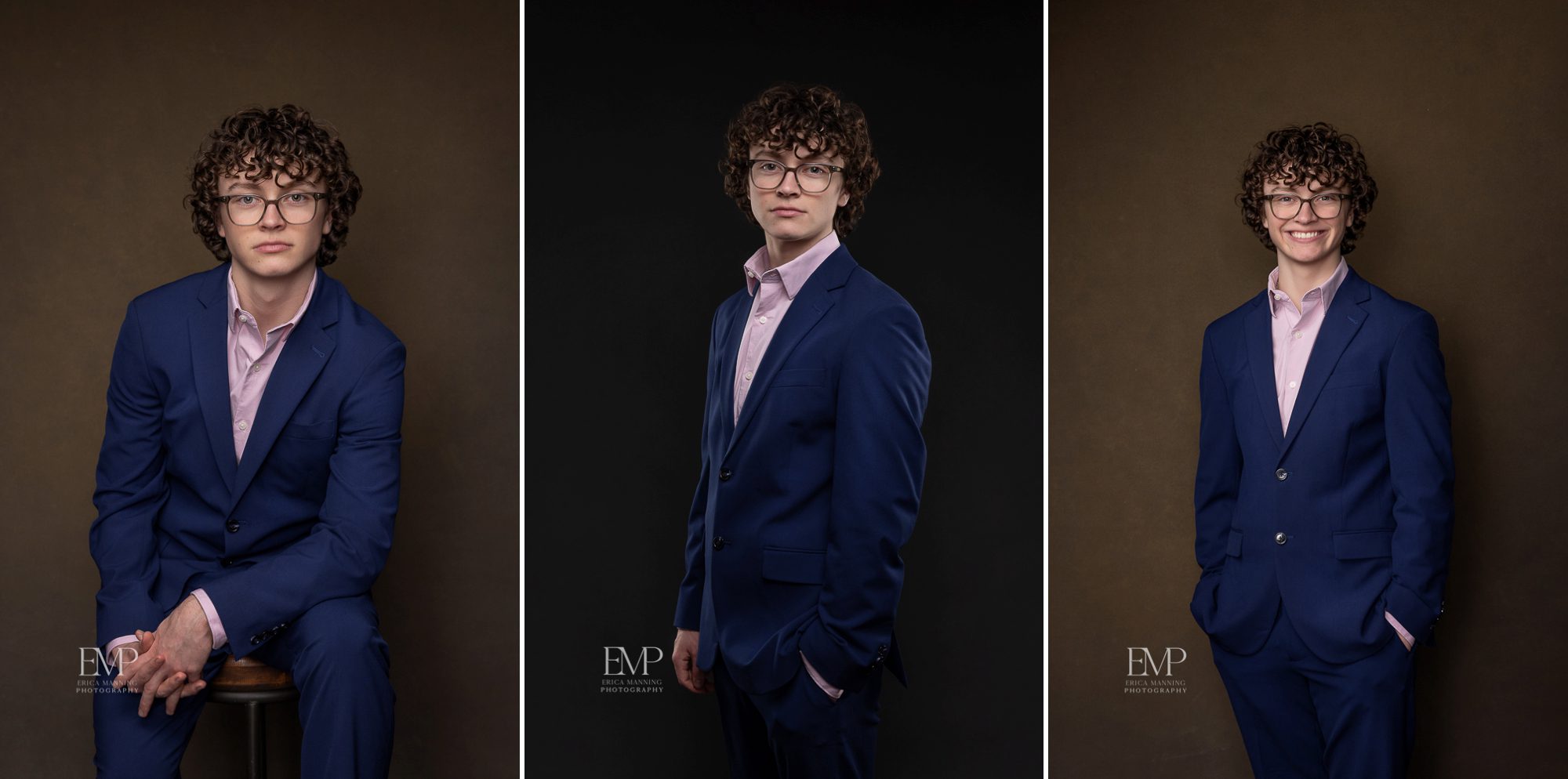 High school senior guy in suit studio portraits