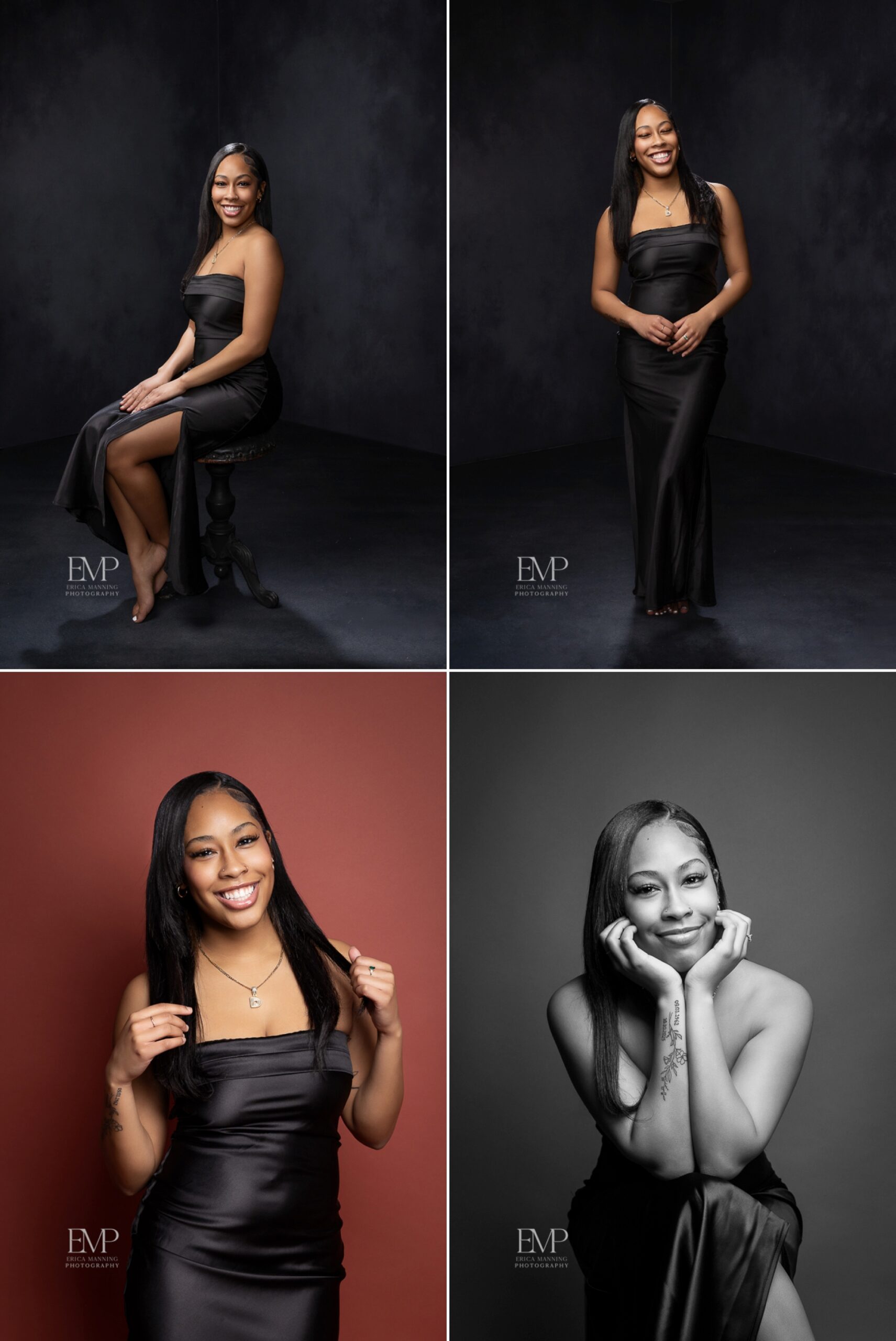 Girl in black dress in formal studio portraits
