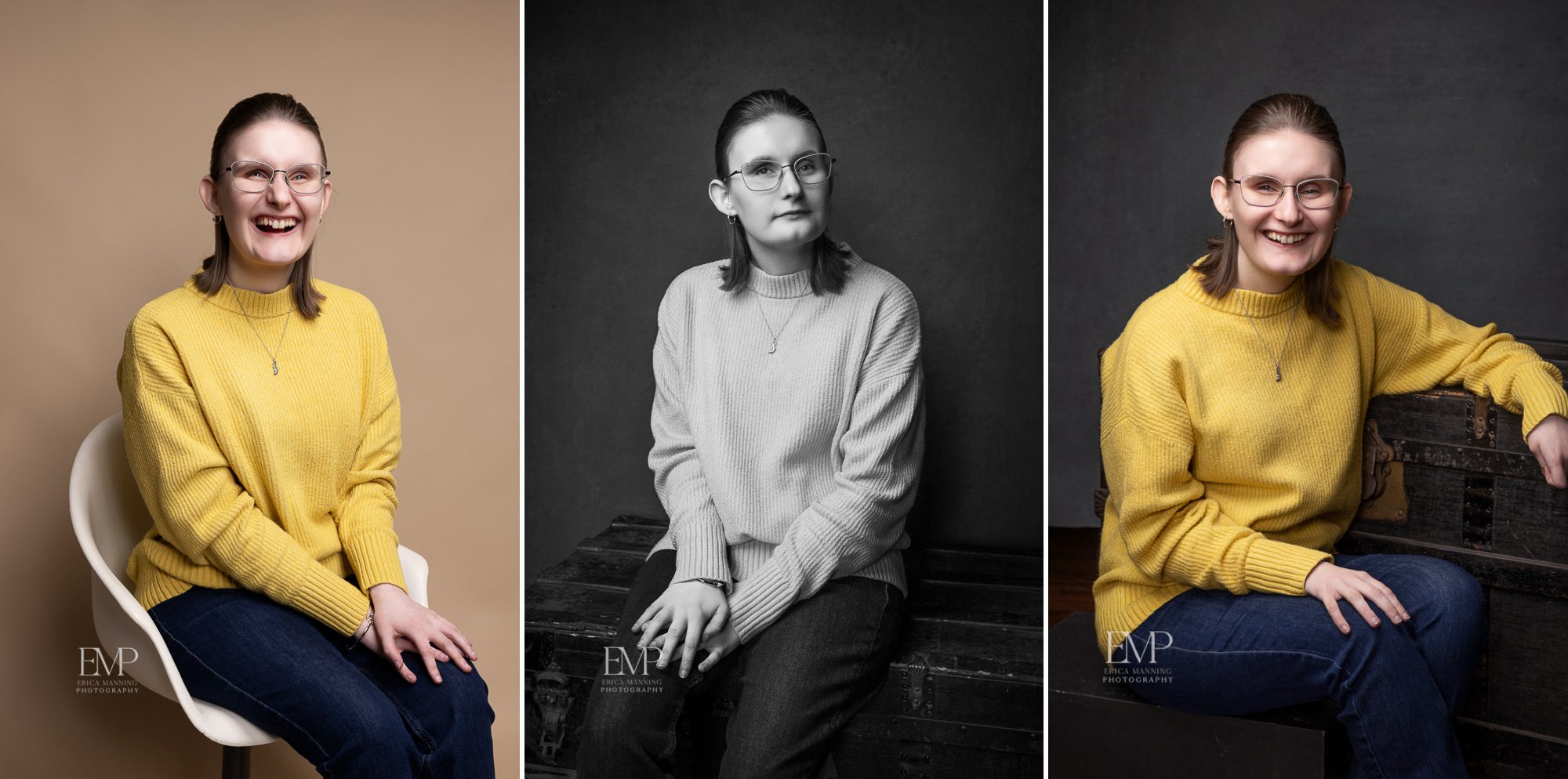 Blind high school senior girl in casual studio portraits