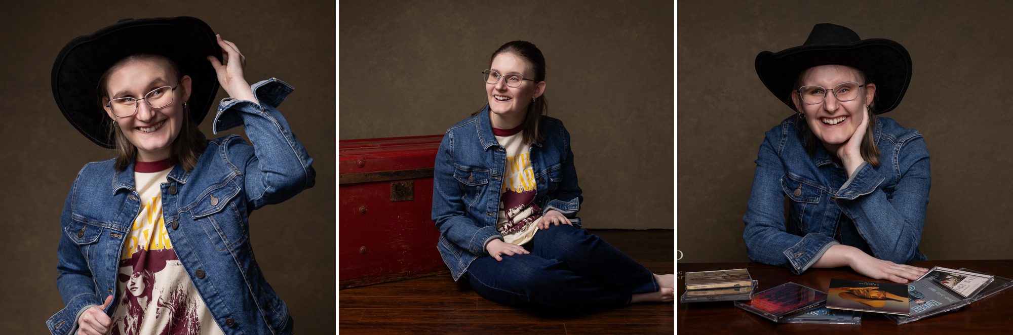 Blind High school senior girl with cowboy hat on in studio portraits
