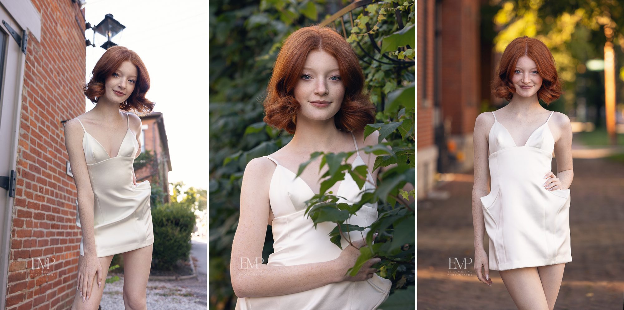 High school senior girl in white fashion forward dress in urban neighborhood