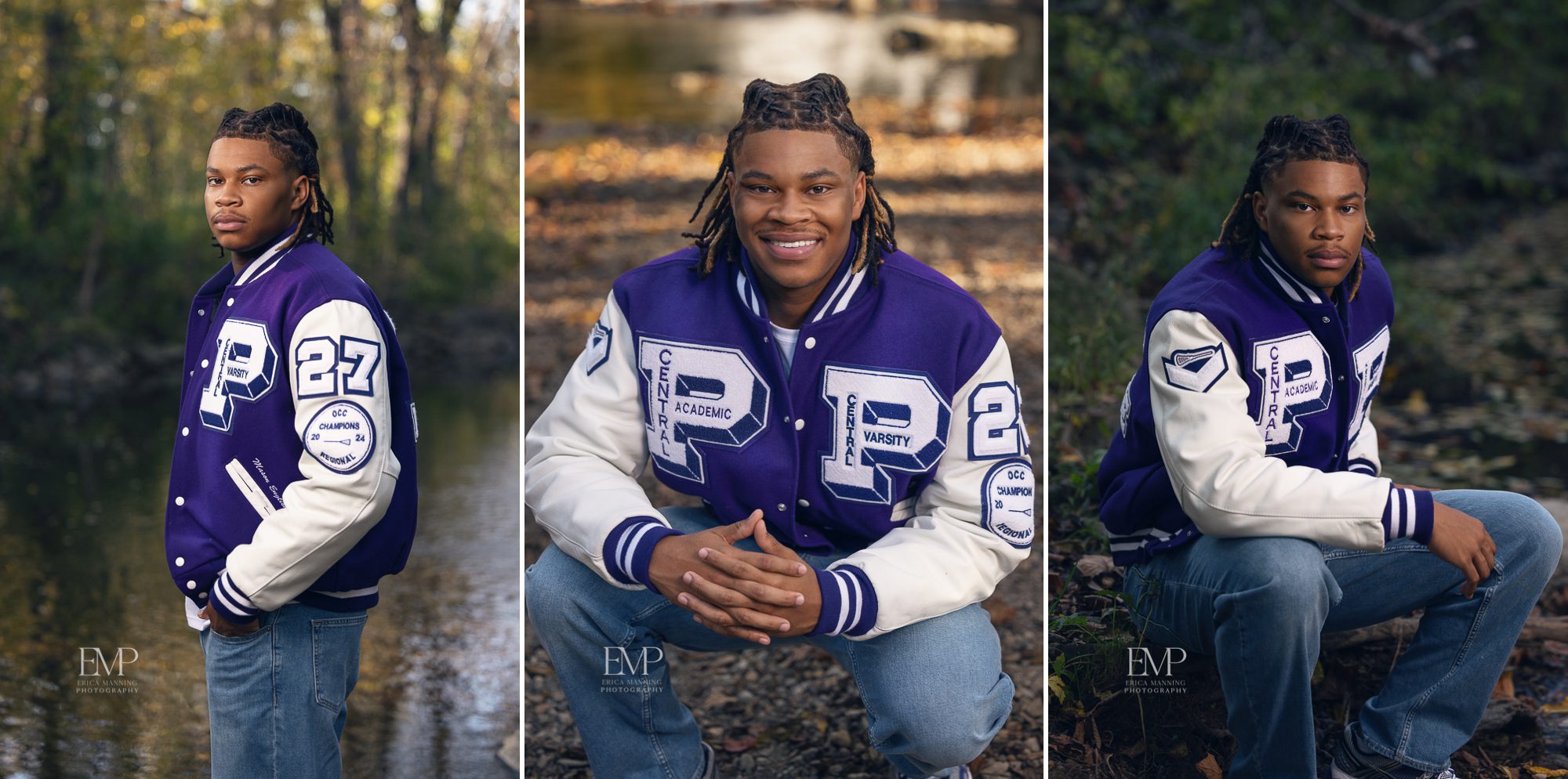 High school senior guy in letter jacket near creek.