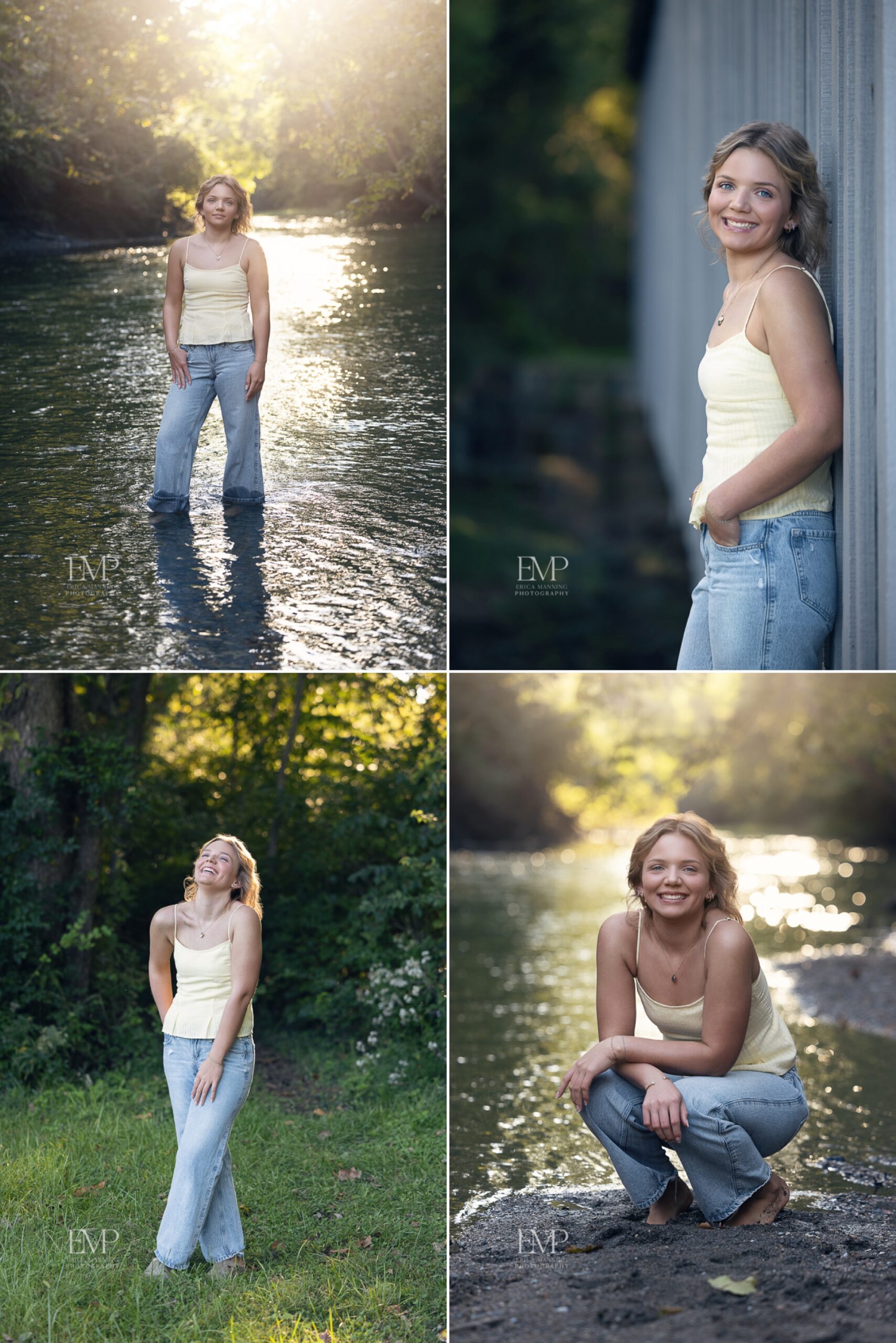 High school senior girl at covered bridge and creek during golden hour